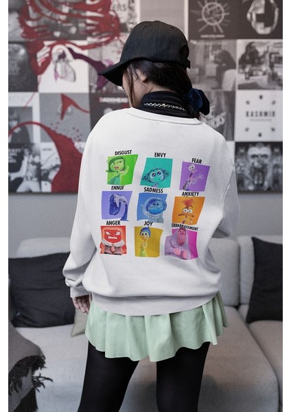 Insiide Out Çizgi Film Baskılı Oversize Ters Yüzz Sweatshirt