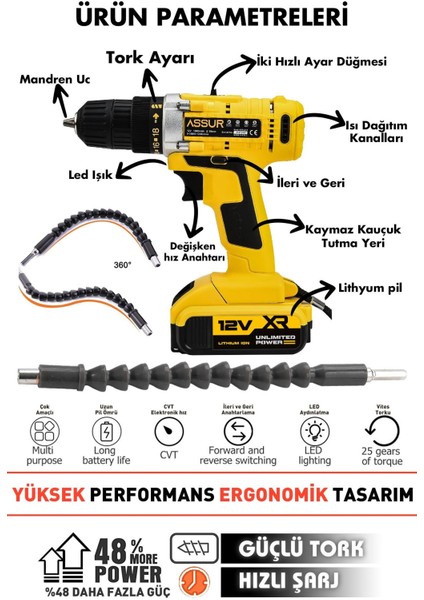 12V Çift Akülü Vidalama Çelik Şanzıman Bakır Sargılı Şarjlı Matkap fiyatları