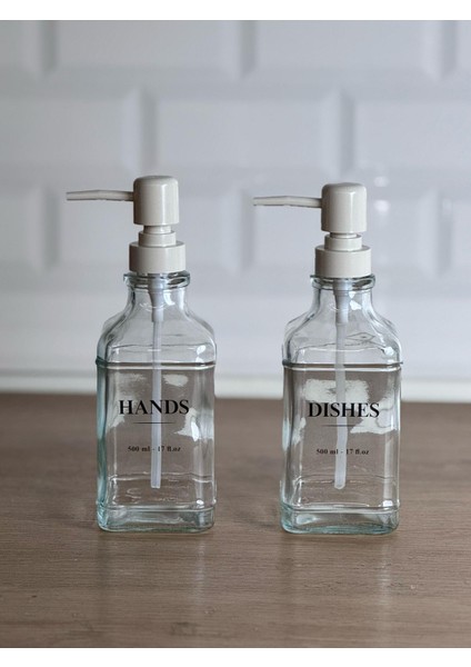 Beyaz Pompalı İkili Kare Cam Sıvı Sabunluk 500 ml
