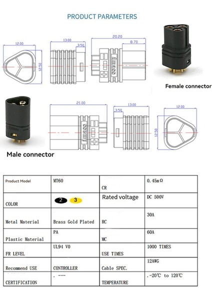 10 Çift MT60 Motor 3 Kutuplu Konnektör Fişi Erkek ve Dişi Rc Için (Yurt Dışından)