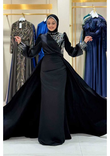 Taşlı Kuyruk Detay Abiye Elbise 7044 Siyah