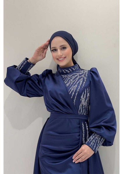 Taşlı Kuyruk Detay Abiye Elbise 7044 Lacivert