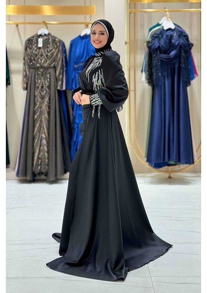 Taşlı Kuyruk Detay Abiye Elbise 7044 Siyah modelleri