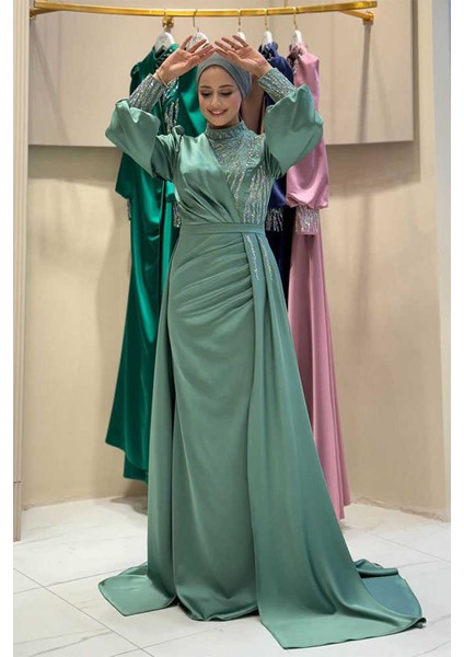 Taşlı Kuyruk Detay Abiye Elbise 7044 Mint