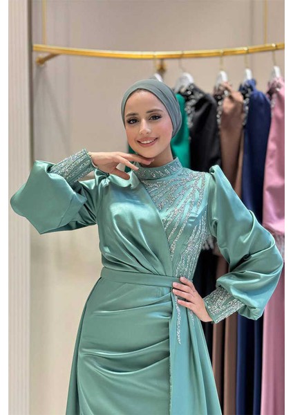 Taşlı Kuyruk Detay Abiye Elbise 7044 Mint fırsatları