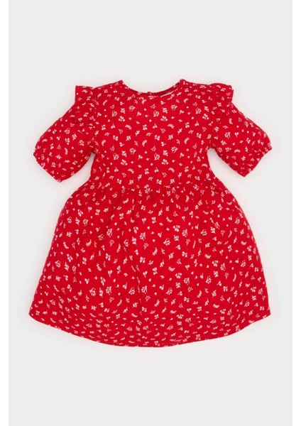 Kız Bebek Desenli Kısa Kollu Flamlı Poplin Elbise E5809A525SP