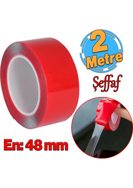 Çift Taraflı Silikon Bant Montaj Bandı Şeffaf 48 mm x 2 Metre Güçlü Çok Amaçlı Yapıştırıcı 1 Adet