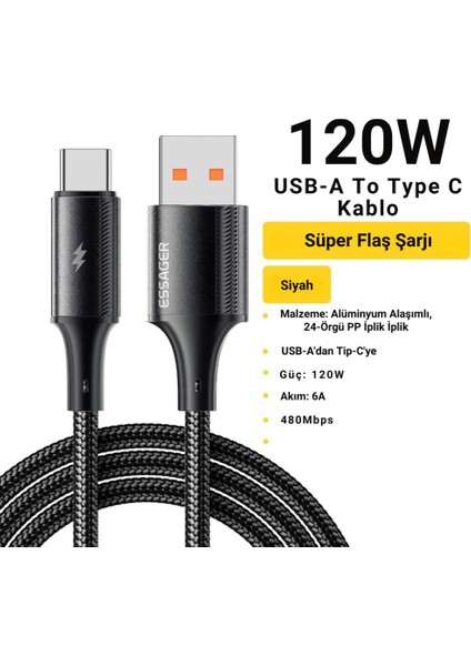 2 Metre 6A 120W Mega Hızlı USB To Type-C Şarj Data Kablosu Korumalı Güçlü Kablo