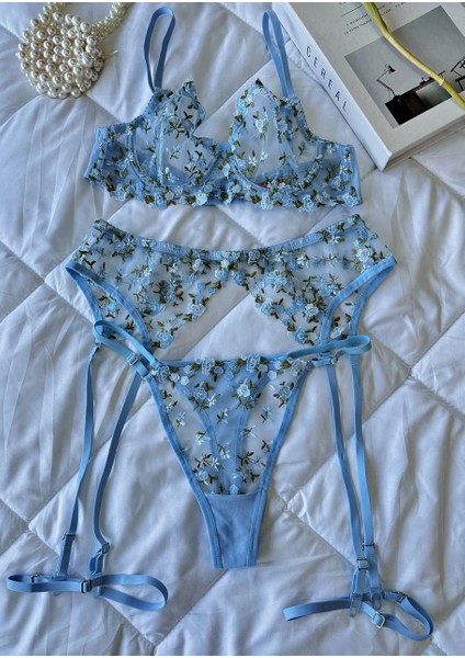 Çiçek Nakışlı Brode Mavi Jartiyer Takımı fiyatları