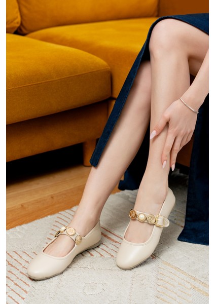 Myra Bej Bareti Aksesuarlı ( 1 cm Topuklu ) Baretli Yuvarlık Burun Babet