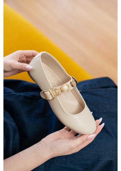 Myra Bej Bareti Aksesuarlı ( 1 cm Topuklu ) Baretli Yuvarlık Burun Babet fiyatları