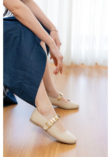 Myra Bej Bareti Aksesuarlı ( 1 cm Topuklu ) Baretli Yuvarlık Burun Babet modelleri