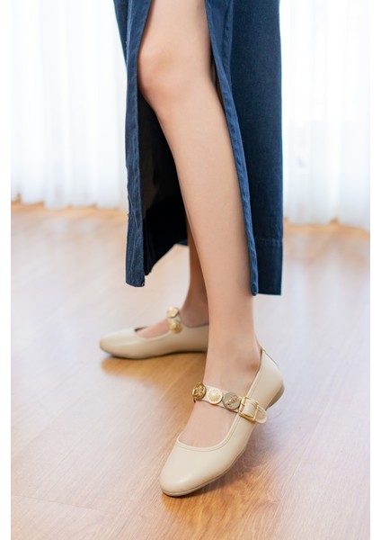 Myra Bej Bareti Aksesuarlı ( 1 cm Topuklu ) Baretli Yuvarlık Burun Babet fırsatları