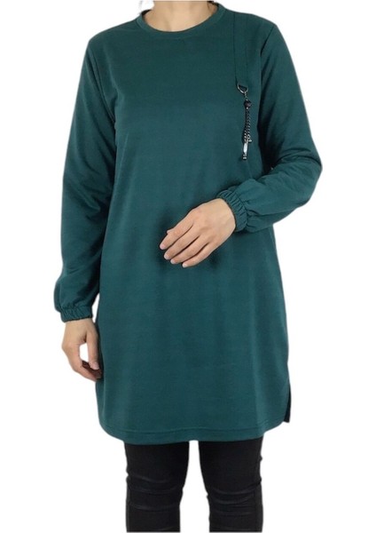 Kadın Kolları Lastikli Ön Broşlu Mevsimlik Iki Iplik Penye Tunik