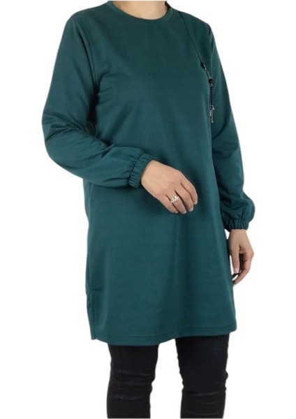 Kadın Kolları Lastikli Ön Broşlu Mevsimlik Iki Iplik Penye Tunik modelleri