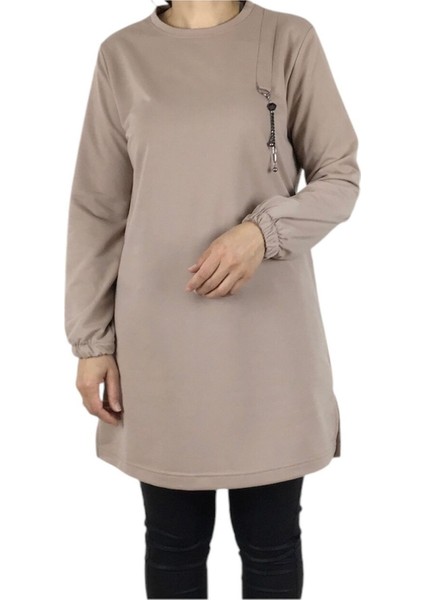 Kadın Kolları Lastikli Ön Broşlu Mevsimlik Iki Iplik Penye Tunik