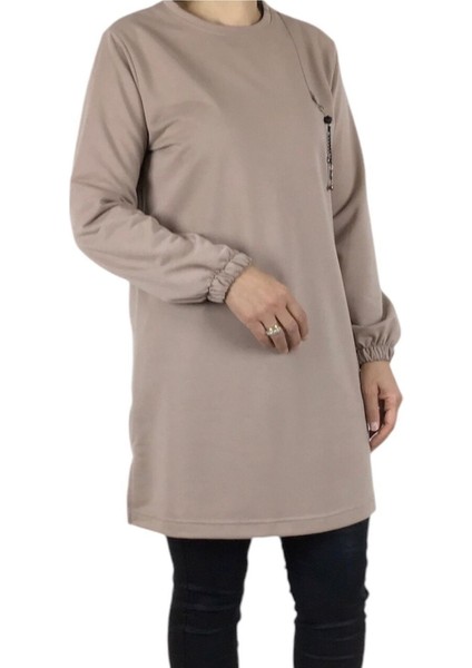 Kadın Kolları Lastikli Ön Broşlu Mevsimlik Iki Iplik Penye Tunik modelleri