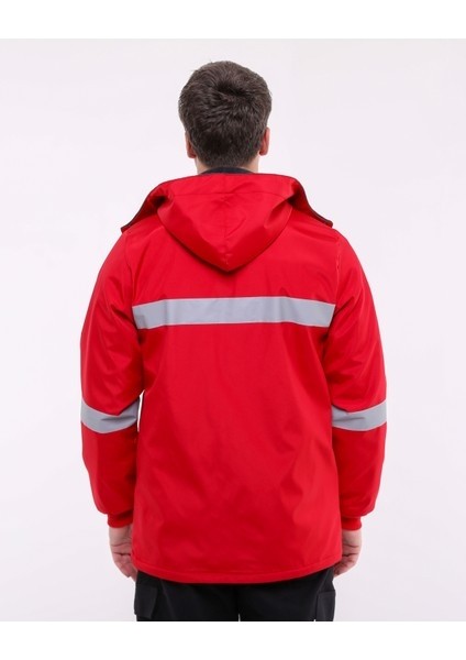 Bondit Polarlı Kırmızı Reflektörlü Kapüşonlu Iş Montu - Water Proof Iş Montu