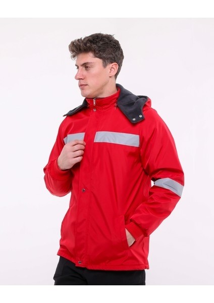 Bondit Polarlı Kırmızı Reflektörlü Kapüşonlu Iş Montu - Water Proof Iş Montu