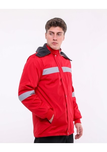 Bondit Polarlı Kırmızı Reflektörlü Kapüşonlu Iş Montu - Water Proof Iş Montu