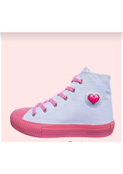 Beyaz Keten Pembe Taban Işık Aksesuar Detay Çocuk Spor Ayakkabı Sneaker