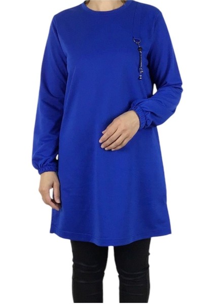 Kadın Kolları Lastikli Ön Broşlu Mevsimlik Iki Iplik Penye Tunik