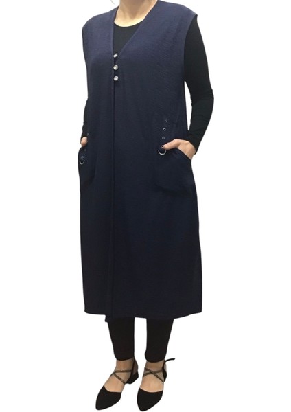 Kadın Önü Üç Düğmeli Cepli Jakarlı Yazlık Uzun Yelek