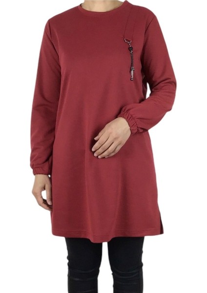 Kadın Kolları Lastikli Ön Broşlu Mevsimlik Iki Iplik Penye Tunik