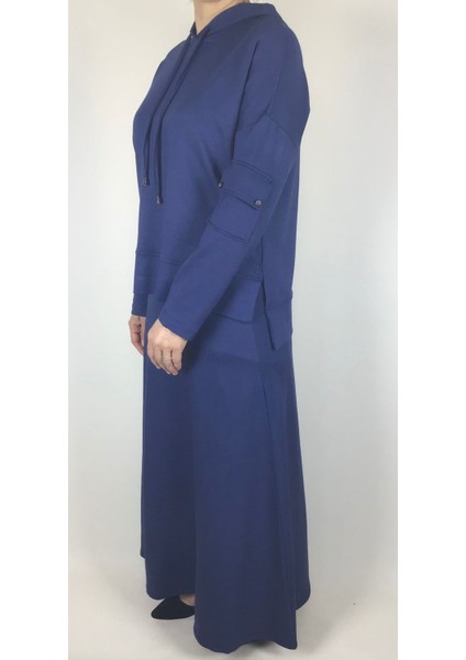 Kadın Kristal Iki Iplik Tunik Arkadı Uzun Önü Kısa Kapşonlu Etek Beli Lastikli Etek Volanlı Takım