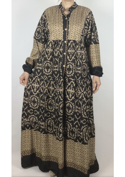 Etnik Desen Oversize Kolları Lastikli Önü Dört Düğmeli Mevsimlik Elbise