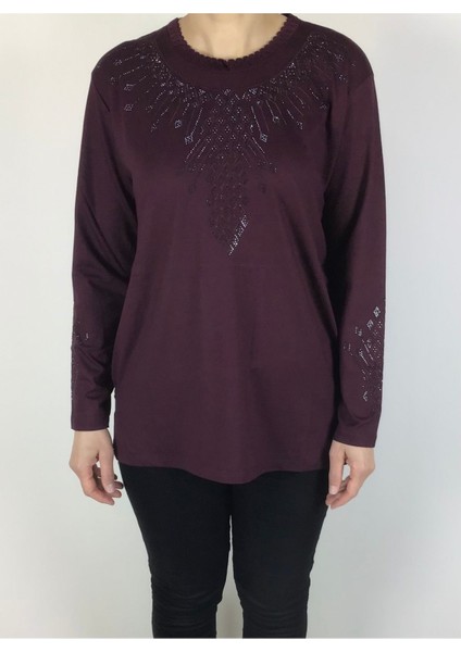 Likralı Turlu Viskon Önü ve Kolları Taşlı Bluz