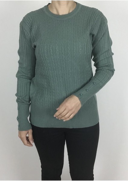 Saç Örgü Desenli Kalın Likralı Kolları Boncuk Detaylı Bluz