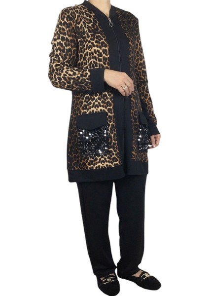 Kadın Leopar Desenli Kapşonlu ve Kapşonsuz Önü Fermuarlı Pantolon Beli Lastikli Takım modelleri