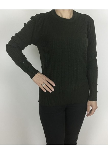 Saç Örgü Desenli Kalın Likralı Kolları Boncuk Detaylı Bluz