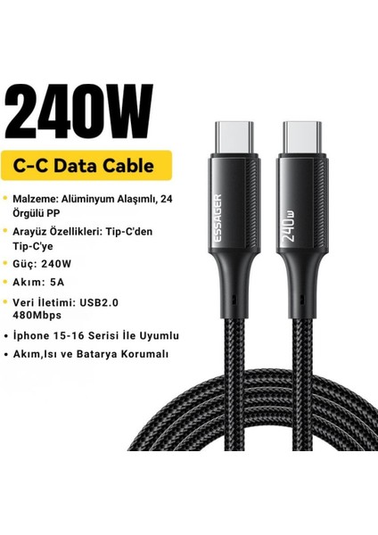 2 Metre Pd 240W Type-C To Type-C Mega Hızlı Data Şarj Kablosu Şarj Kablosu