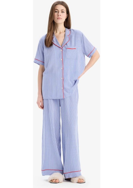 Pijama Takımı Viskon Kısa Kollu Üst Esnek Belli Uzun Alt-Fall in Love E7651AX25SP
