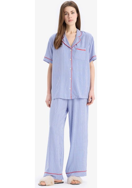 Pijama Takımı Viskon Kısa Kollu Üst Esnek Belli Uzun Alt-Fall in Love E7651AX25SP