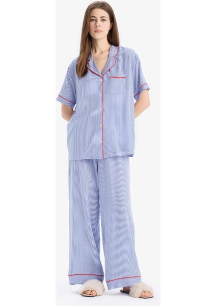 Pijama Takımı Viskon Kısa Kollu Üst Esnek Belli Uzun Alt-Fall in Love E7651AX25SP