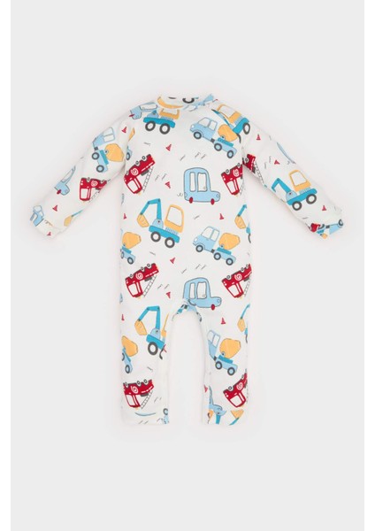 Erkek Bebek Yenidoğan Araç Baskılı Uzun Kollu Waffle Tulum