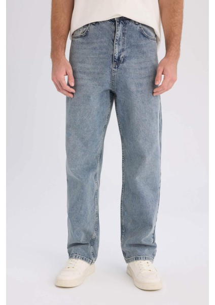 %100 Pamuk Baggy Fit Geniş Kalıp Normal Bel Geniş Paça Jean Yıkamalı Pantolon B3926AX25SP