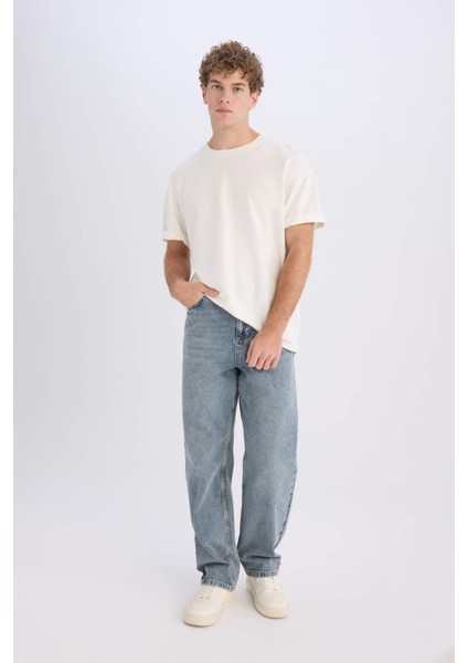 %100 Pamuk Baggy Fit Geniş Kalıp Normal Bel Geniş Paça Jean Yıkamalı Pantolon B3926AX25SP
