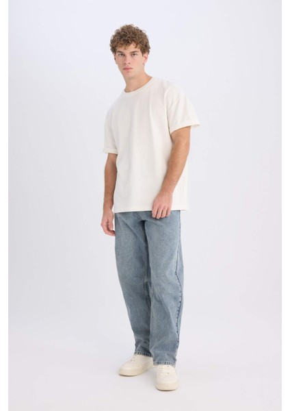 %100 Pamuk Baggy Fit Geniş Kalıp Normal Bel Geniş Paça Jean Yıkamalı Pantolon B3926AX25SP