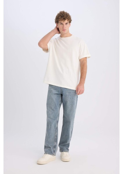 %100 Pamuk Baggy Fit Geniş Kalıp Normal Bel Geniş Paça Jean Yıkamalı Pantolon B3926AX25SP