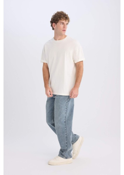 %100 Pamuk Baggy Fit Geniş Kalıp Normal Bel Geniş Paça Jean Yıkamalı Pantolon B3926AX25SP