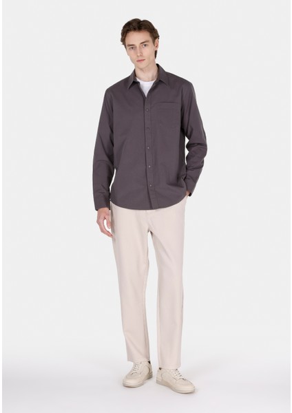 Regular Fit Shirt Neck Düz Erkek Gri Uzun Kol Gömlek CL1070136
