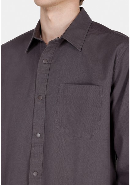 Regular Fit Shirt Neck Düz Erkek Gri Uzun Kol Gömlek CL1070136