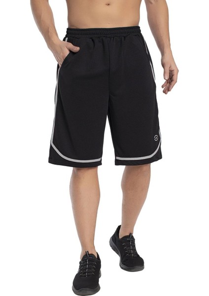 Çift Şeritli Astarsız - Erkek Siyah Basketbol Şortu - 3194-10