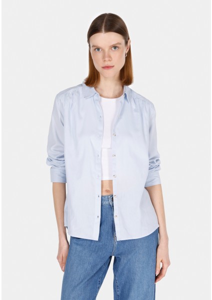 Regular Fit Shirt Neck Düz Kadın Mavi Uzun Kol Gömlek CL1073407