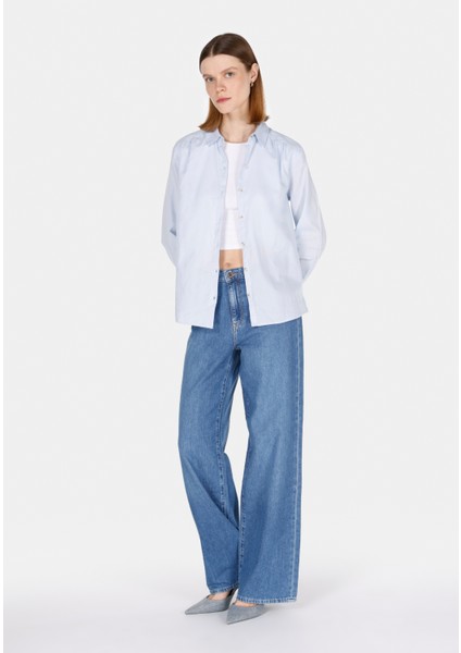 Regular Fit Shirt Neck Düz Kadın Mavi Uzun Kol Gömlek CL1073407