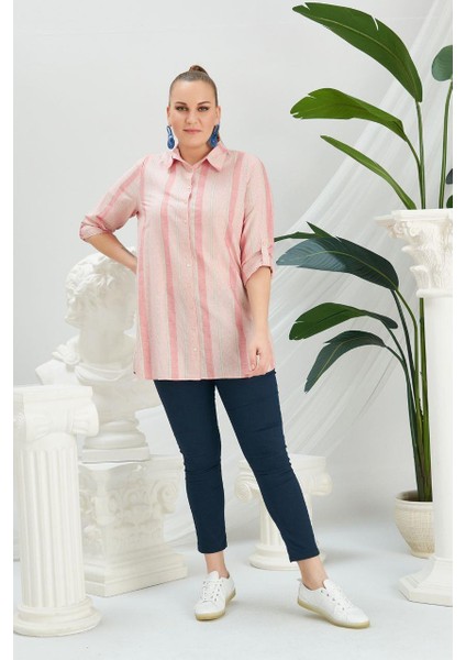 Sırt Baskı Detaylı Büyük Beden Pembe Gömlek
